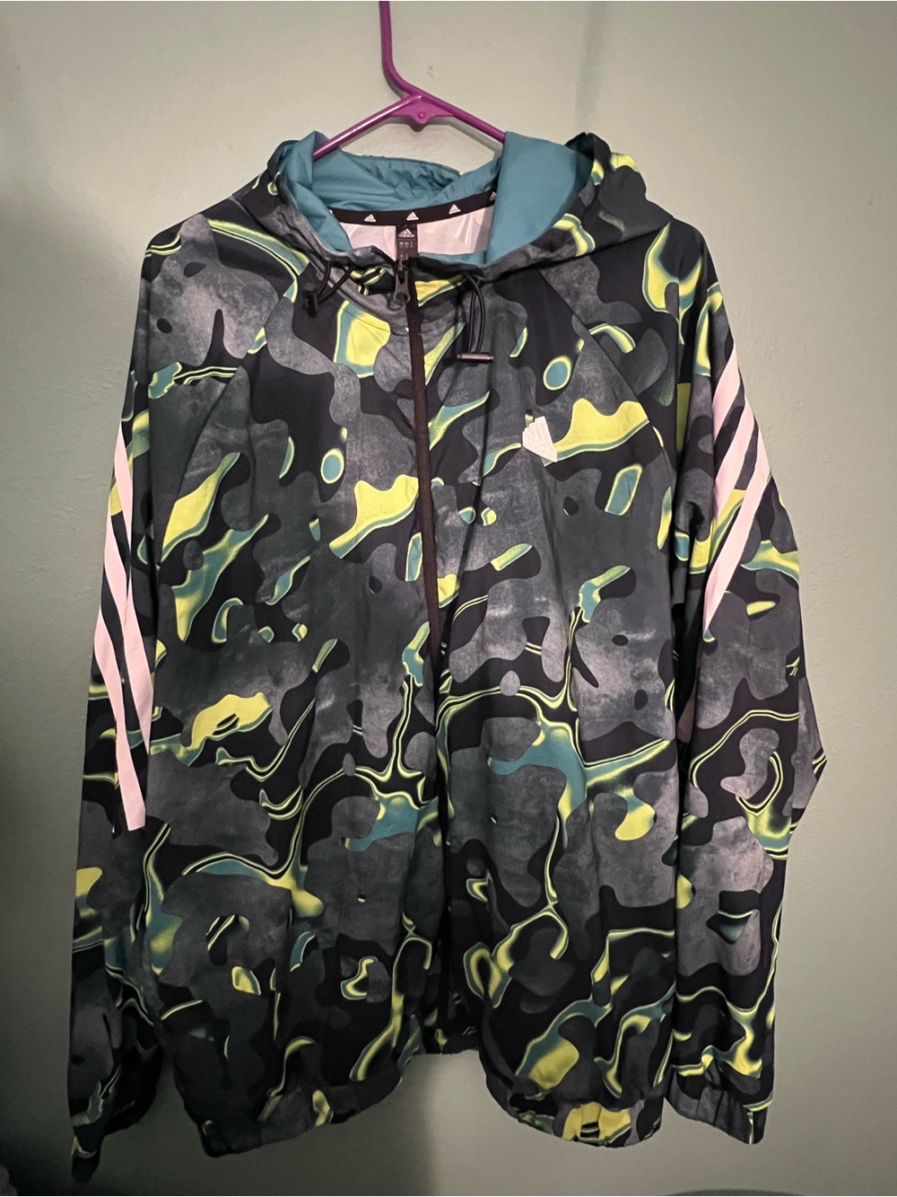 Adidas Black, Yellow & Teal Camo Hooded Windbreaker